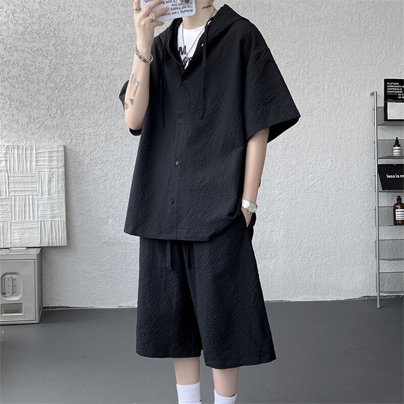 TZ793-特55控98新款速干肌理感连帽男短袖衬衫六分裤大码套装,男装T恤,电商A059