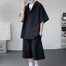 TZ793-特55控98新款速干肌理感连帽男短袖衬衫六分裤大码套装，男装T恤，电商A059