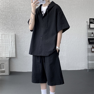 TZ793-特55  控98 新款速干肌理感连帽男短袖衬衫六分裤大码套装图片