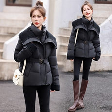 羊羔毛拼接大翻领气质收腰羽绒服女2025冬季小个子显瘦白鸭绒外套，女装羽绒服，一安秀