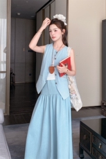 蓝色设计感马甲背心半身裙子套装女2025年夏季新款韩系休闲两件套，女装短外套，2C372