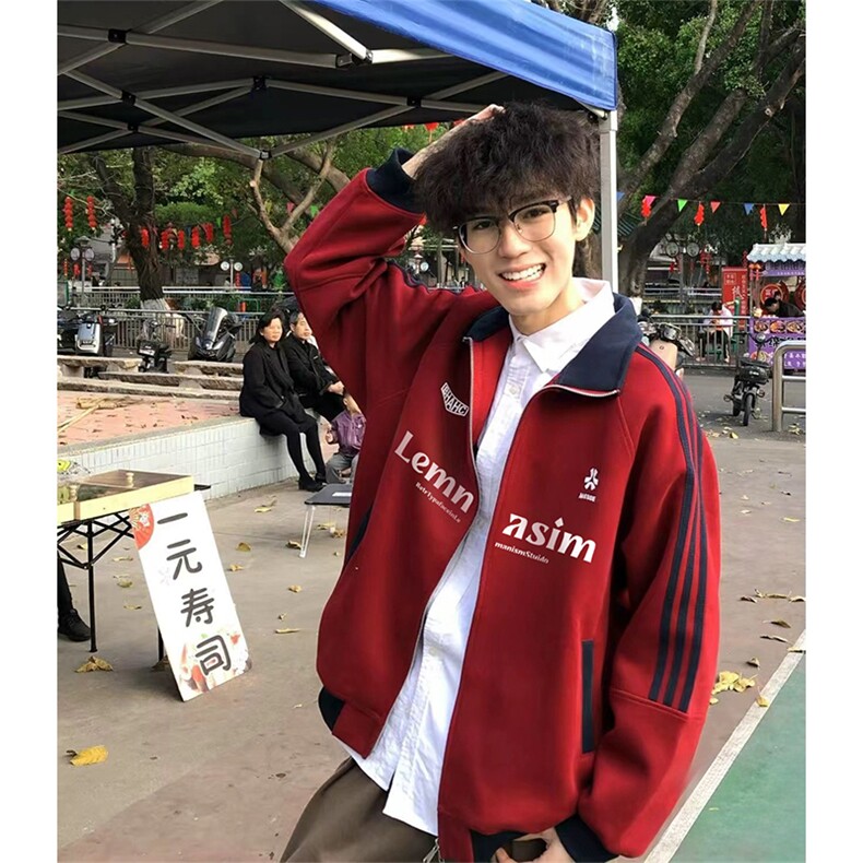 抖音得物美式高街重磅结构设计拼接织带立领印花卫衣外套ACM4202,女装短外套,电商A443