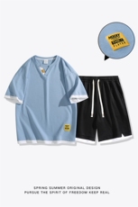 夏季运动套装日系白底休闲百搭时尚短套装CK2410+TC3153-P57控89，男装休闲套装，星座717