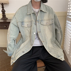 做旧渐变牛仔外套男秋季美式复古高街潮牌休闲牛仔夹克J8897-p70，男装夹克，星座1008