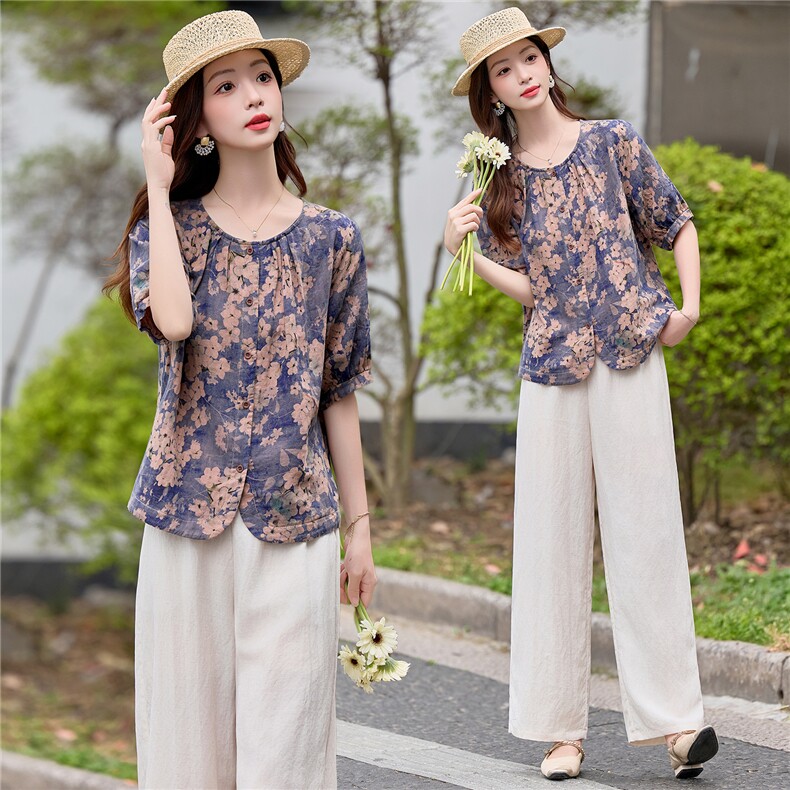 套装女夏季2026新款复古数码印花宽松文艺阔腿裤两件套，女装套装/套裙，涵誉