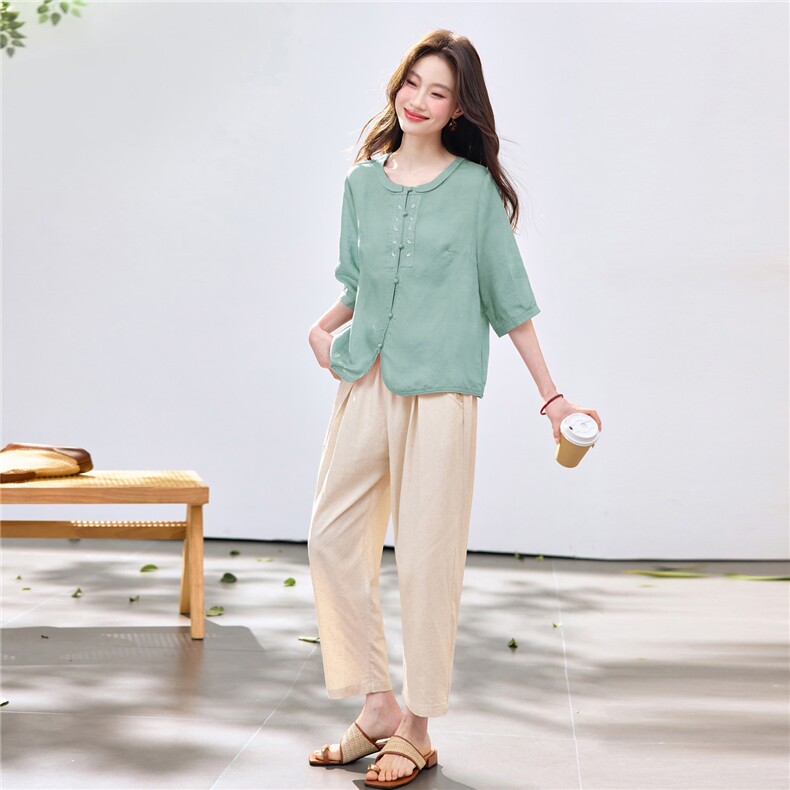 长期现货2026夏季新款天丝苎麻刺绣衬衫T恤中年小脚裤两件套装女，女装套装/套裙，璐依舞