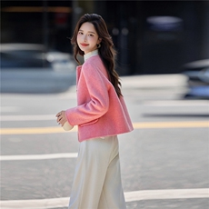 小香风粉色短款毛呢外套女2025秋冬新款超好看圆领双面羊毛呢大衣，女装双面呢大衣，美沁