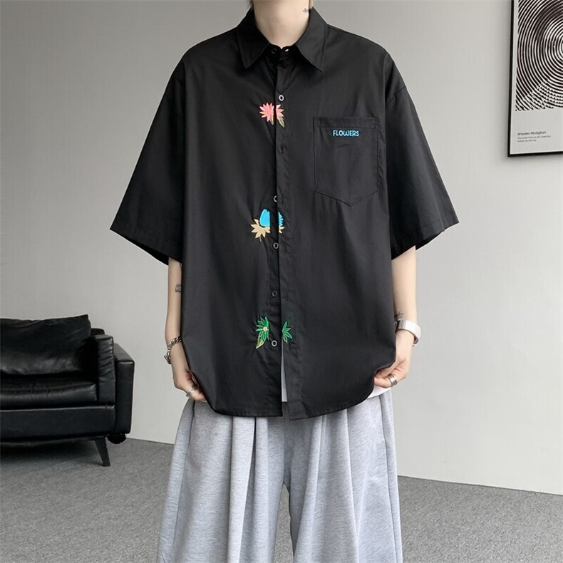 设计感重工花卉刺绣短袖衬衫高级大码美式痞帅衬衣外套DC5011/P45,男装衬衫,电商B238