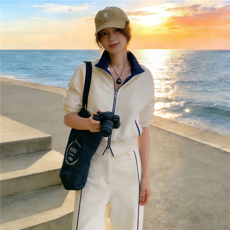 韩货高级感休闲运动套装女春季减龄修身立领卫衣高腰阔腿裤两件套,女装套装/套裙,江南