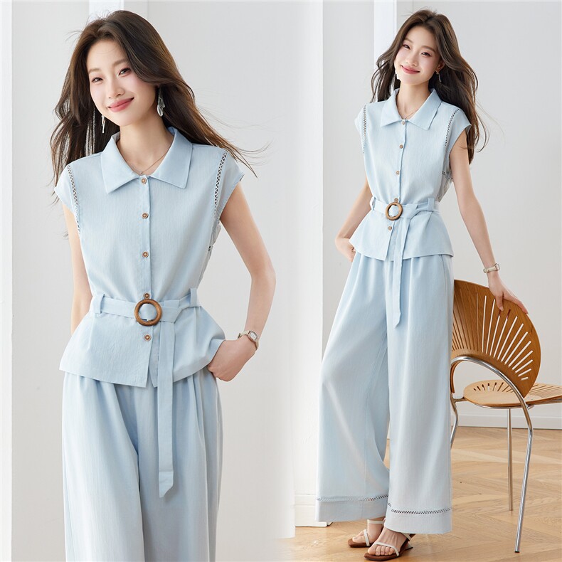 现货！休闲时尚套装女2026夏季新款气质收腰无袖上衣阔腿裤两件套，女装套装/套裙，沐七七