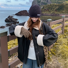 美式复古羊羔毛拼接翻领皮衣外套女短款加绒加厚皮毛一体机车棉服，女装短外套，2C177
