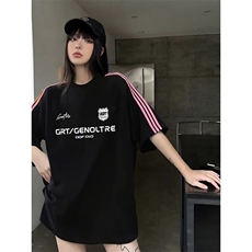 抖音得物品质二开240克宽松纯棉美式潮牌印花三条杠中性风短袖T恤，男装T恤，电商A486