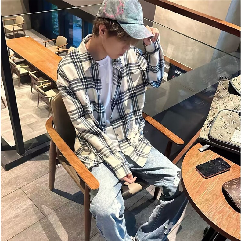 1506/QC080/P58春季新品日系复古男士休闲宽松格纹长袖衬衫衬衣潮,男装衬衫,星座1506