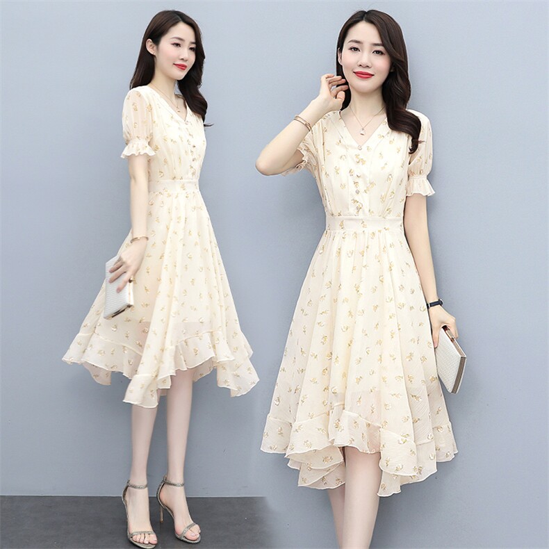 2021夏季新款时尚气质优雅V领不规则裙摆修身显瘦连衣裙，女装连衣裙，多彩