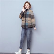 2021秋冬新款时尚休闲格子短款棉衣套装，女装套装/套裙，独衣靓