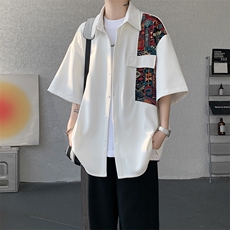 8XL-M民族风拼接短袖衬衫男夏季痞帅半袖衬衣薄款外套DC28009P45，男装衬衫，电商B312