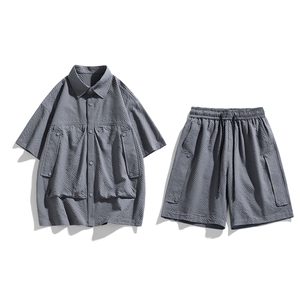 夏季套装男高品潮牌五分袖衬衫大码短裤两件套DSA157-1-C75-P80图片
