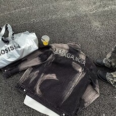 美式高街vibe水洗做旧拼接牛仔外套潮牌宽松百搭情侣翻领夹克衫，男装夹克，星座601-1