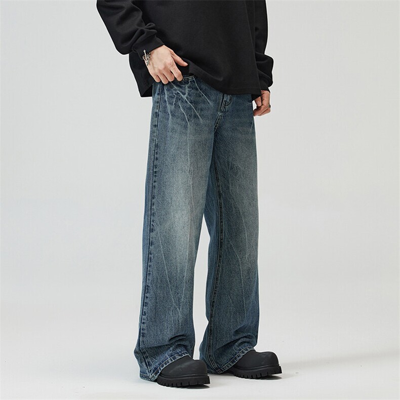 GENIOLAMODE美式宽松直筒做旧牛仔裤男士秋季新款复古水洗阔腿裤,男装牛仔裤,星座301D-3