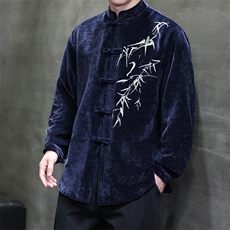 2025新中式竹叶刺绣灯芯绒雪花绒男士开衫中式衬衫CS911-P85控118，男装衬衫，电商A021