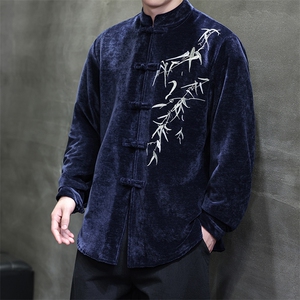 2025新中式竹叶刺绣灯芯绒雪花绒男士开衫中式衬衫CS911-P85控118图片