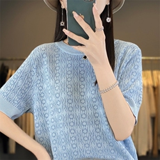 简约圆领针织短袖T恤女宽松休闲镂空薄款纯色小衫高级感百搭上衣，女装T恤，秋虹羊绒