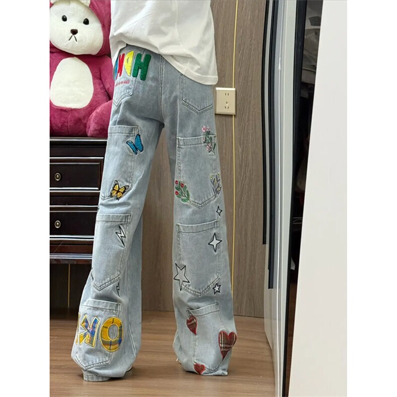 ！趣味涂鸦多口袋毛巾绣牛仔裤,男装牛仔裤,星座617C