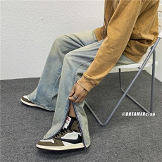 k787-p55-控78M-5XL现货泥黄拉链高阶港风中性ins宽松牛仔裤，男装牛仔裤，星座116