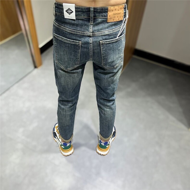 春季高端牛仔裤男潮牌印花破洞补丁时尚设计痞帅修身小脚长裤百搭,男装牛仔裤,星座506A