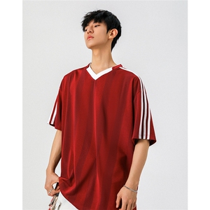 1可二开美式复古条纹运动球衣大码M-5XL短袖T恤男DX78018P45控75图片