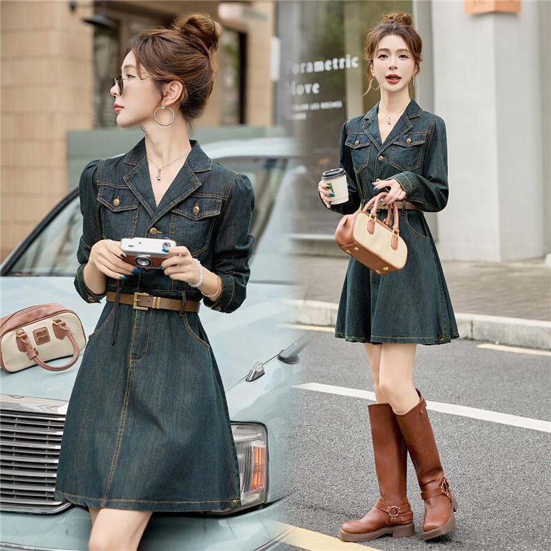 （新款现货）2026春装时尚显瘦复古色西装领牛仔连衣裙（配腰带），女装连衣裙，印象茜