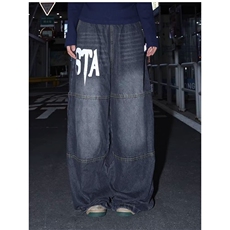 美式复古字母印花水洗牛仔裤男女秋季潮牌多口袋大码直筒裤子，男装牛仔裤，四季星座505