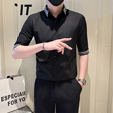 店主风社会小伙男绣花七分袖衬衫男潮流休闲衬衣301A-1/CS567/P55，男装衬衫，星座301A-1