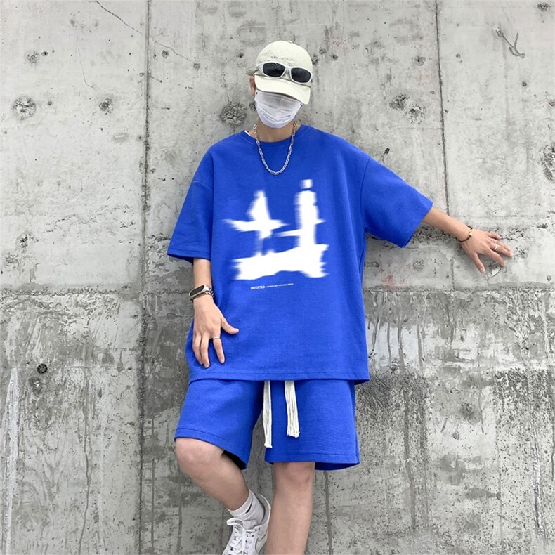 电商DSA028-TZDTHV852P45夏季华夫格套装男T恤短裤两件套港风,男装牛仔裤,电商A028