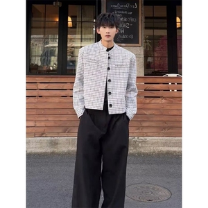 小香风短款垫肩格子外套男春秋高级感痞帅飞行夹克新中式西服上衣图片