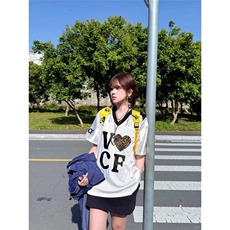 T198-P36美式运动t恤女夏季穿搭豹纹爱心球衣短袖复古，男装T恤，电商B323A
