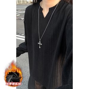 雪尼尔450g重磅鱼骨纹V领舒适银狐绒T恤男T24536J加绒-特P30控58图片