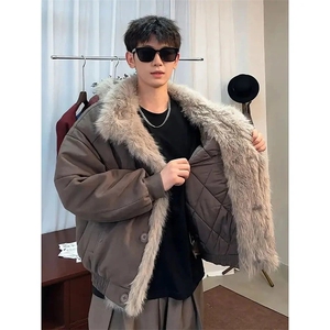 现货重磅硬挺boxy羽绒棉衣座山雕大毛毛领洗水麂皮棉服冬外套图片