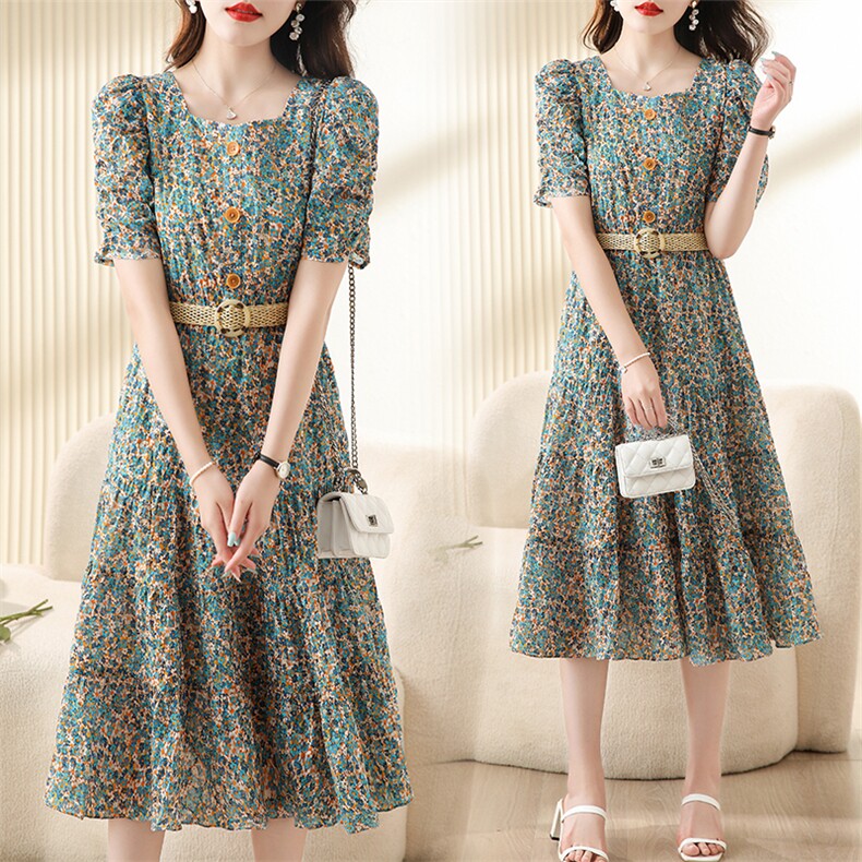 2024新款夏季女装连衣裙甜美碎花收腰显瘦A字裙，女装连衣裙，笃写