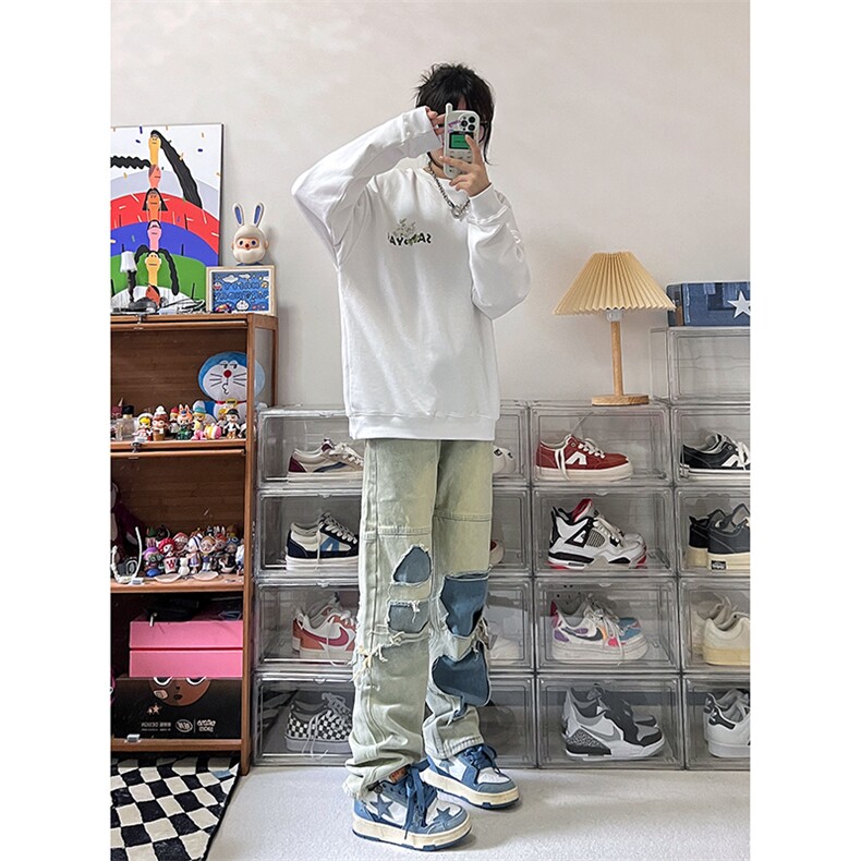 B221美式ins高街暗黑小众撞色破洞直筒牛仔裤LK23109-P65控88,男装牛仔裤,电商B221