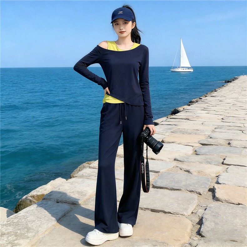 春季新款超火穿搭一整套设计感撞色真两件露肩长袖上衣长裤三件套,女装套装/套裙,江南
