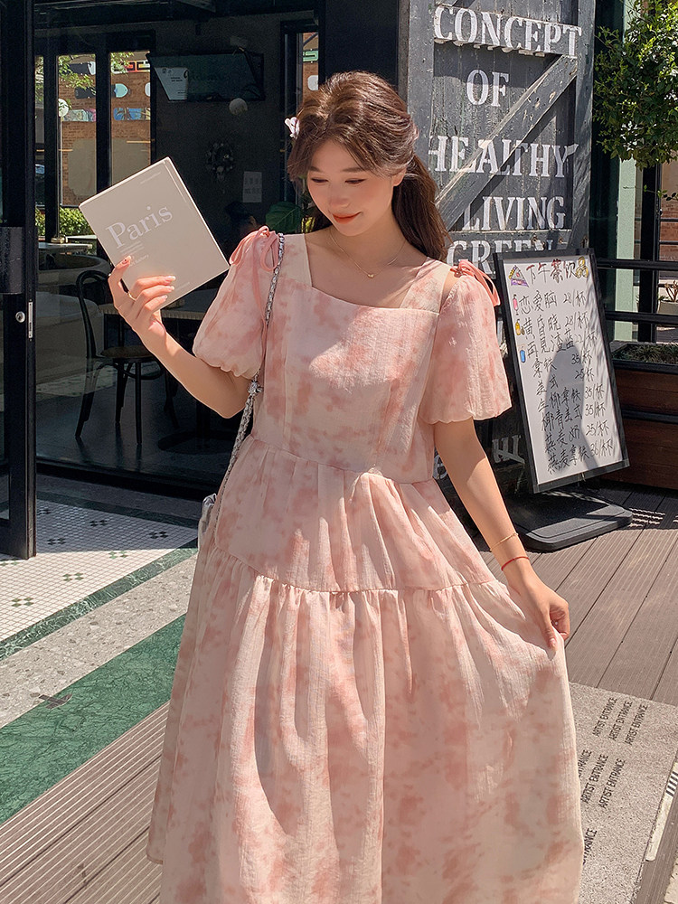 桔梗法式连衣裙夏女2025新款温柔风印花清新设计感气质方领仙女裙,女装连衣裙,浪娴服饰
