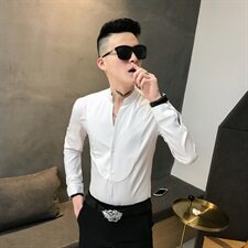 312A-836-P50新款立领纯色修身衬衫男发型师网红夜场工装衬衫-首3，男装衬衫，星座312A