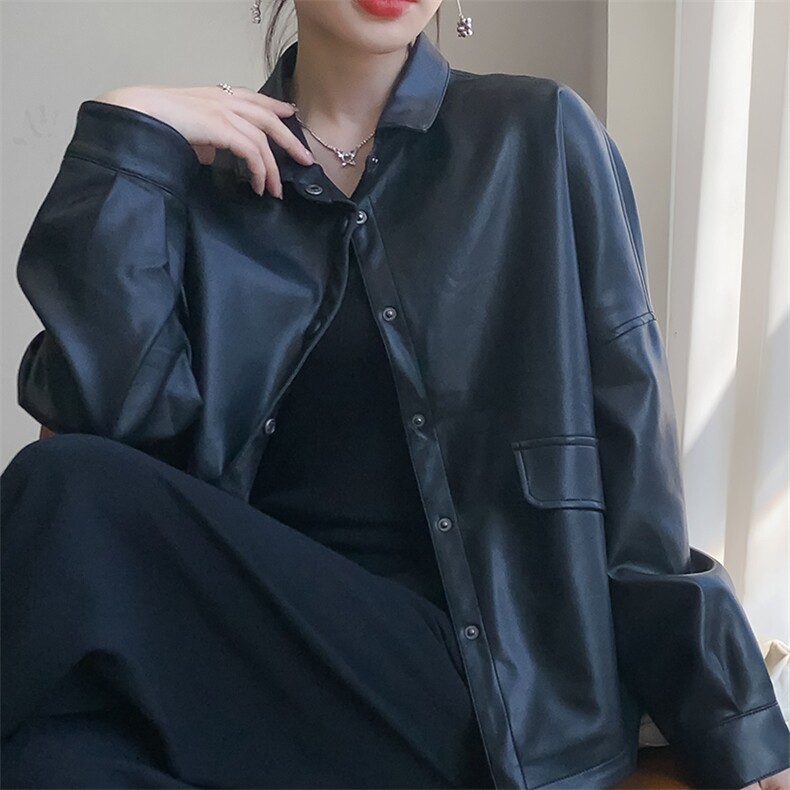 时尚韩版宽松显瘦百搭黑色皮衣外套女秋冬季新款气质休闲上衣,女装皮衣,佳绒高端店