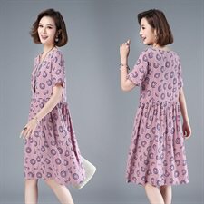 2021年夏季通勤韩版中长款A字裙40-49周岁印花圆点高腰短袖裙子，女装连衣裙，伊满意