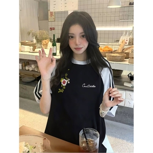 抖音得物品质二开240克宽松纯棉美式潮牌插肩三杠织带短袖T恤图片