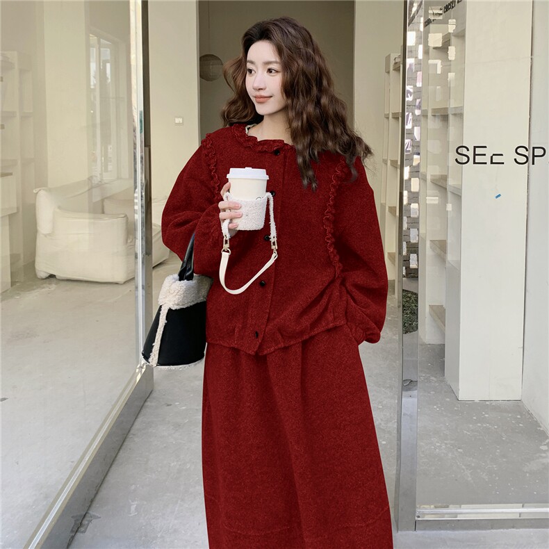 韩系甜美木耳边开衫半裙套装F6607-P175-K258,女装套装/套裙,2C255