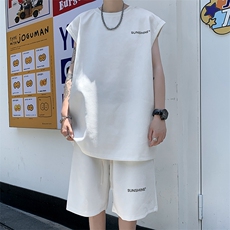 KT1鹿皮绒280克男女休闲坎肩短裤套装夏字母印花情侣男女学生宽松，男装休闲套装，星座115A-3
