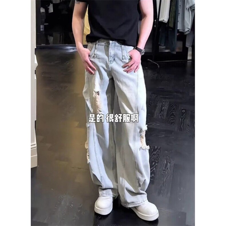 褶皱设计感做旧水洗破洞牛仔裤男女同款休闲弯刀长裤NA436,男装牛仔裤,星座1116A（原606A-3）