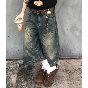 美式街头复古水洗做旧牛仔短裤男女百搭休闲宽松中裤阔腿七分裤潮图片